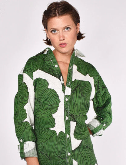 Green Leaf Ginkgo Linen Girlfriend Midi Dress