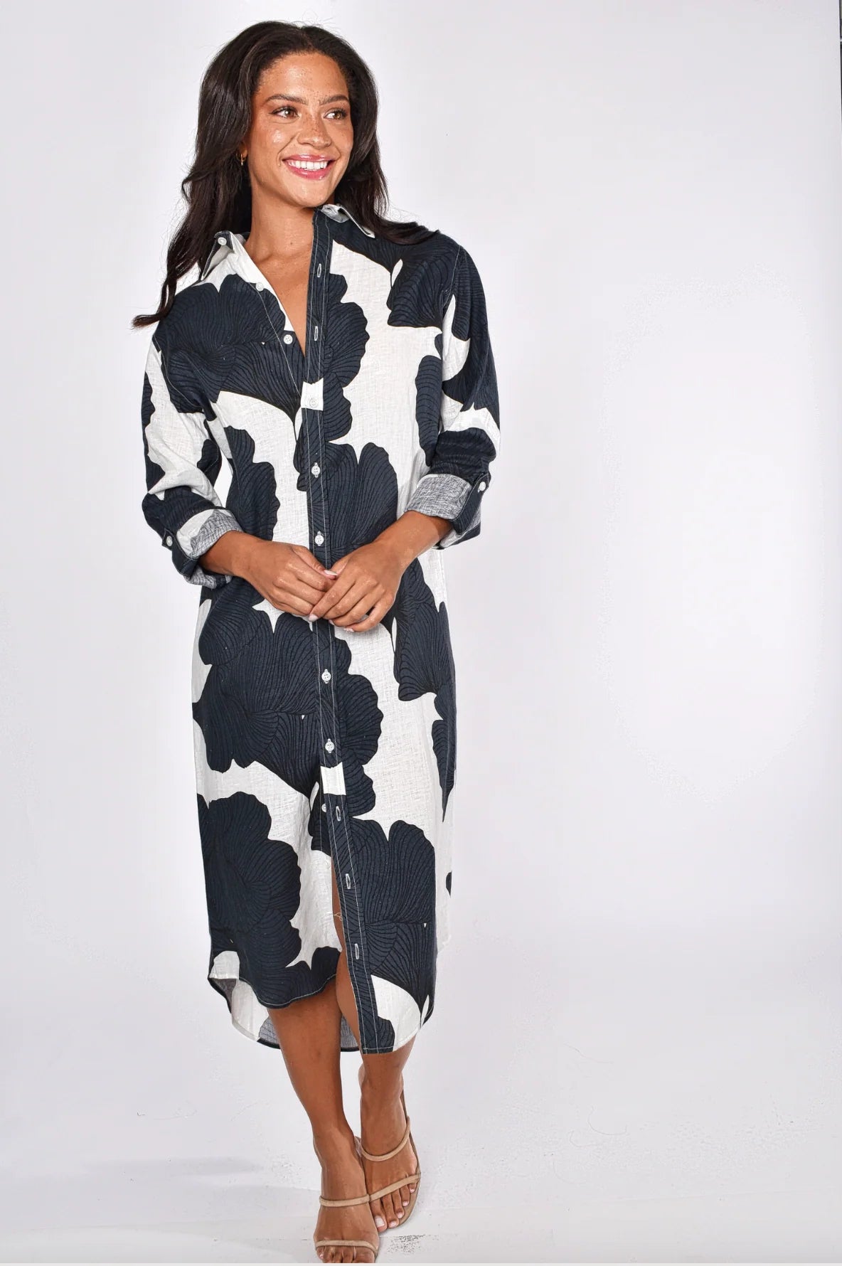 Navy Leaf Ginkgo Linen Girlfriend Midi Dress