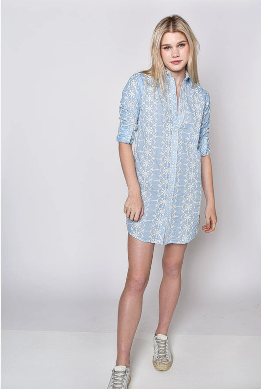 Blue Cream Cotton Embroidery Girlfriend Dress