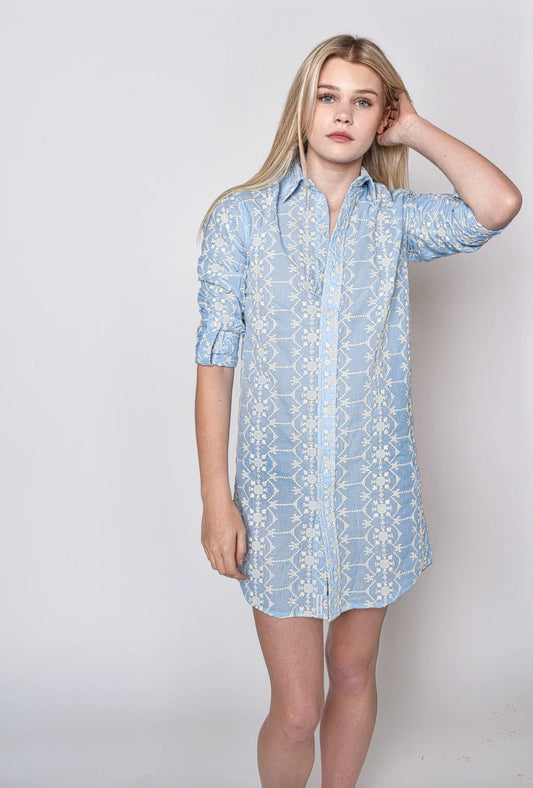 Blue Cream Cotton Embroidery Girlfriend Dress