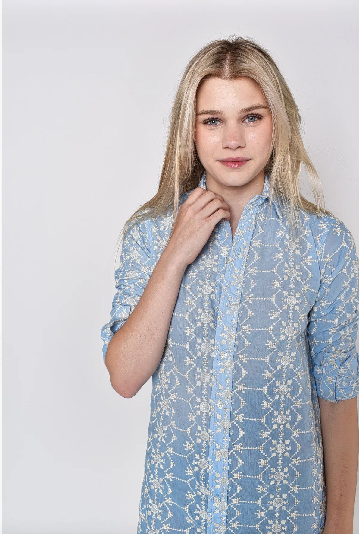 Blue Cream Cotton Embroidery Girlfriend Dress