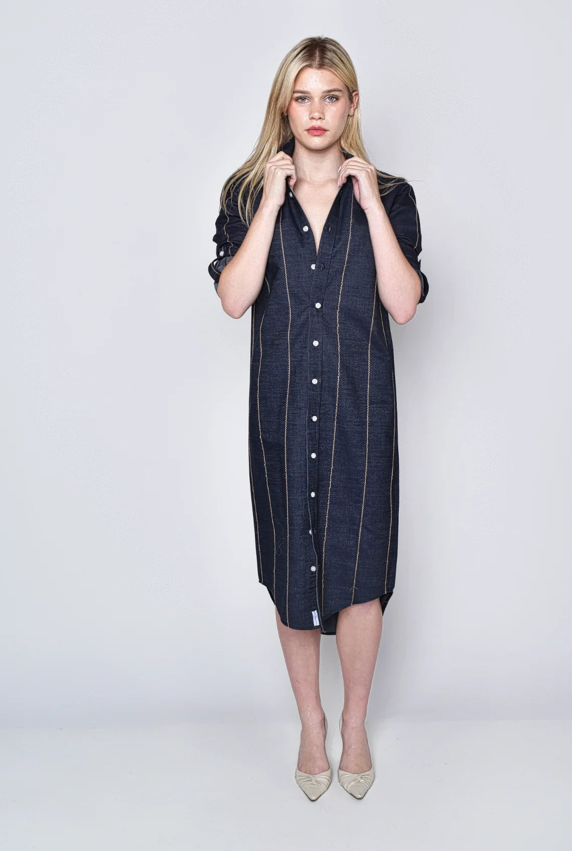 Denim & Brown Stripe Girlfriend Midi Dress
