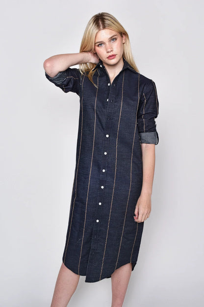 Denim & Brown Stripe Girlfriend Midi Dress