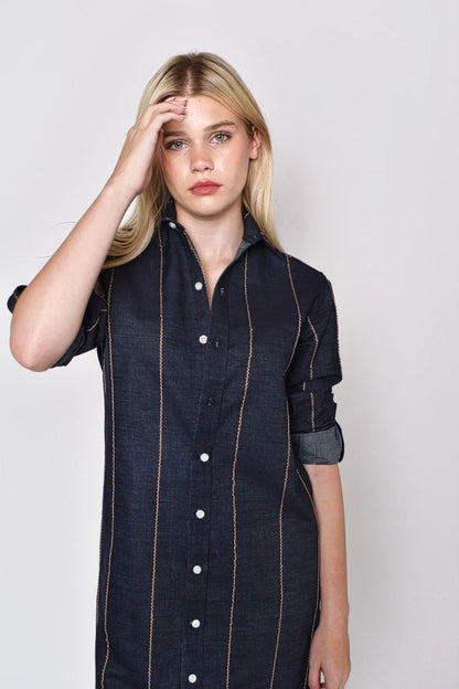 Denim & Brown Stripe Girlfriend Midi Dress