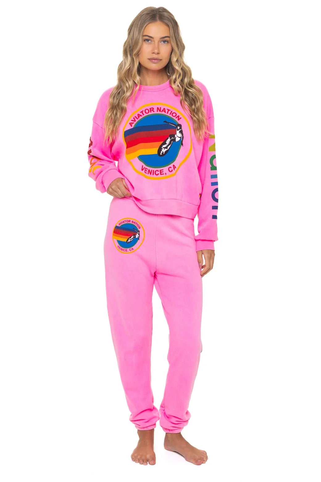 AVIATOR NATION RELAXED VENICE CREW SWEATSHIRT - NEON PINK