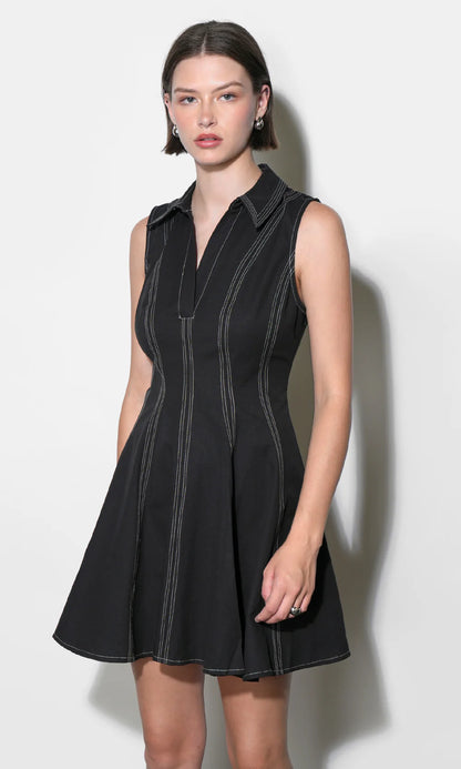 Sydney Topstitch Flare Mini Dress - Black