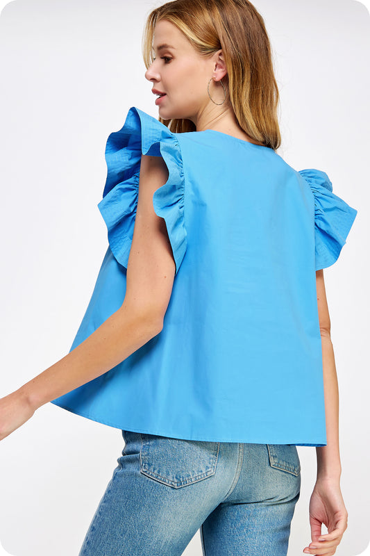 Flutter Ruffle Sleeve Poplin Top - Azure Blue
