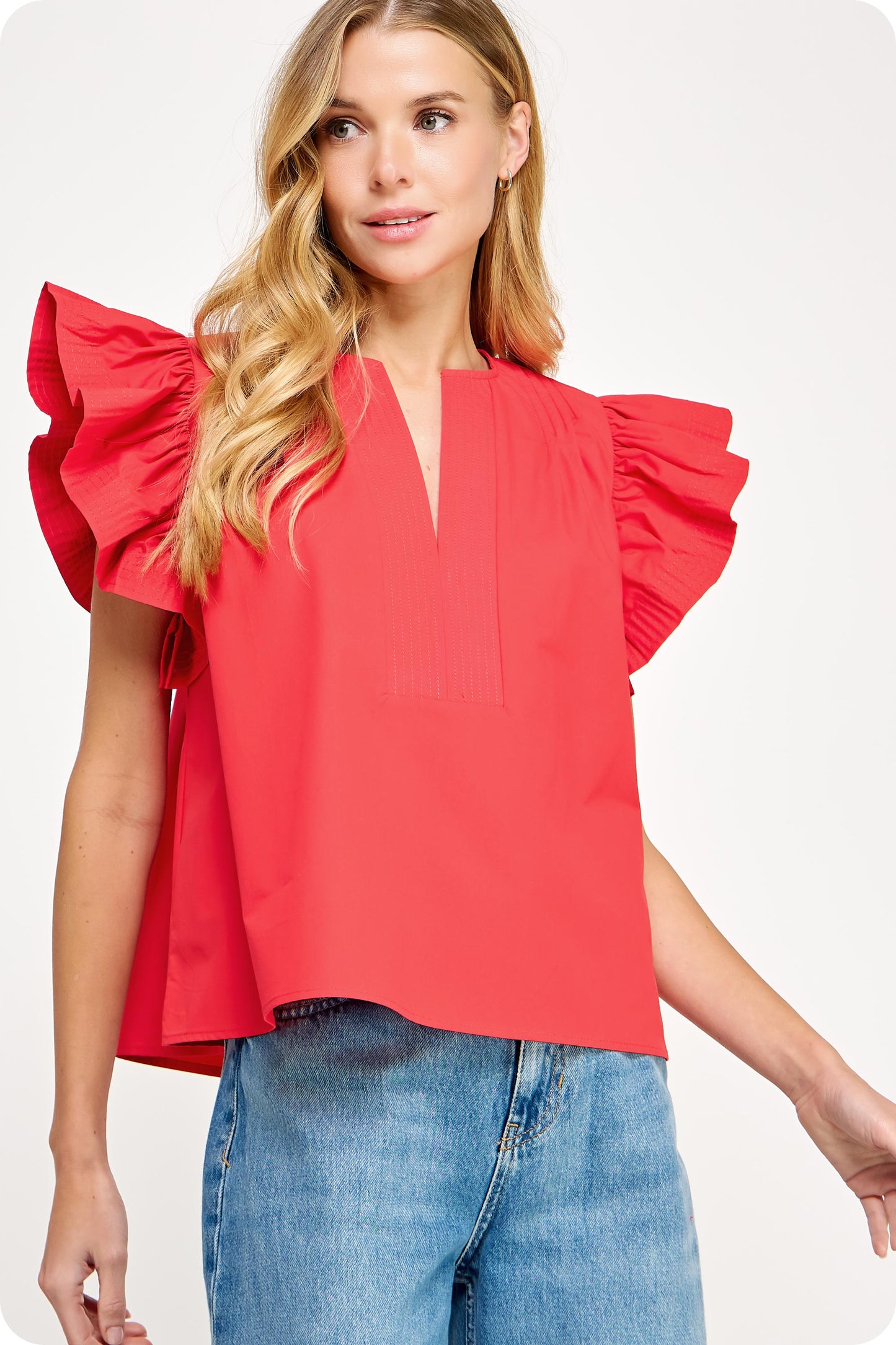 Flutter Ruffle Sleeve Poplin Top - Red