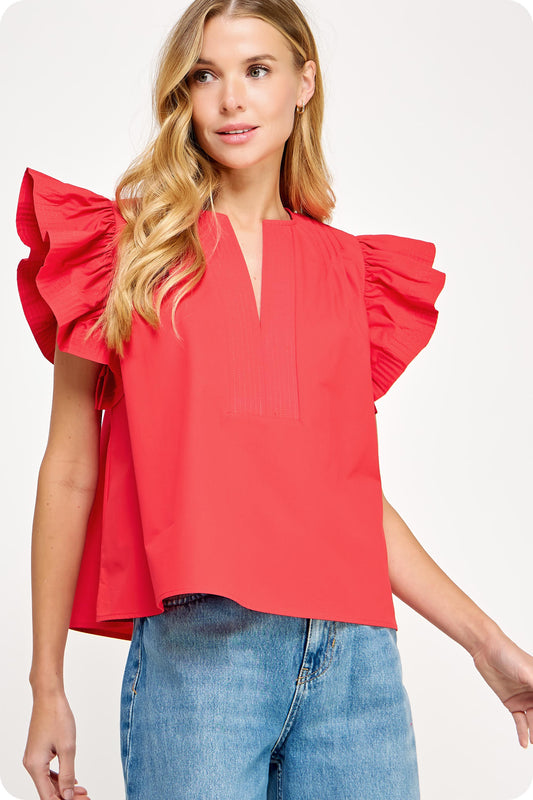 Flutter Ruffle Sleeve Poplin Top - Red