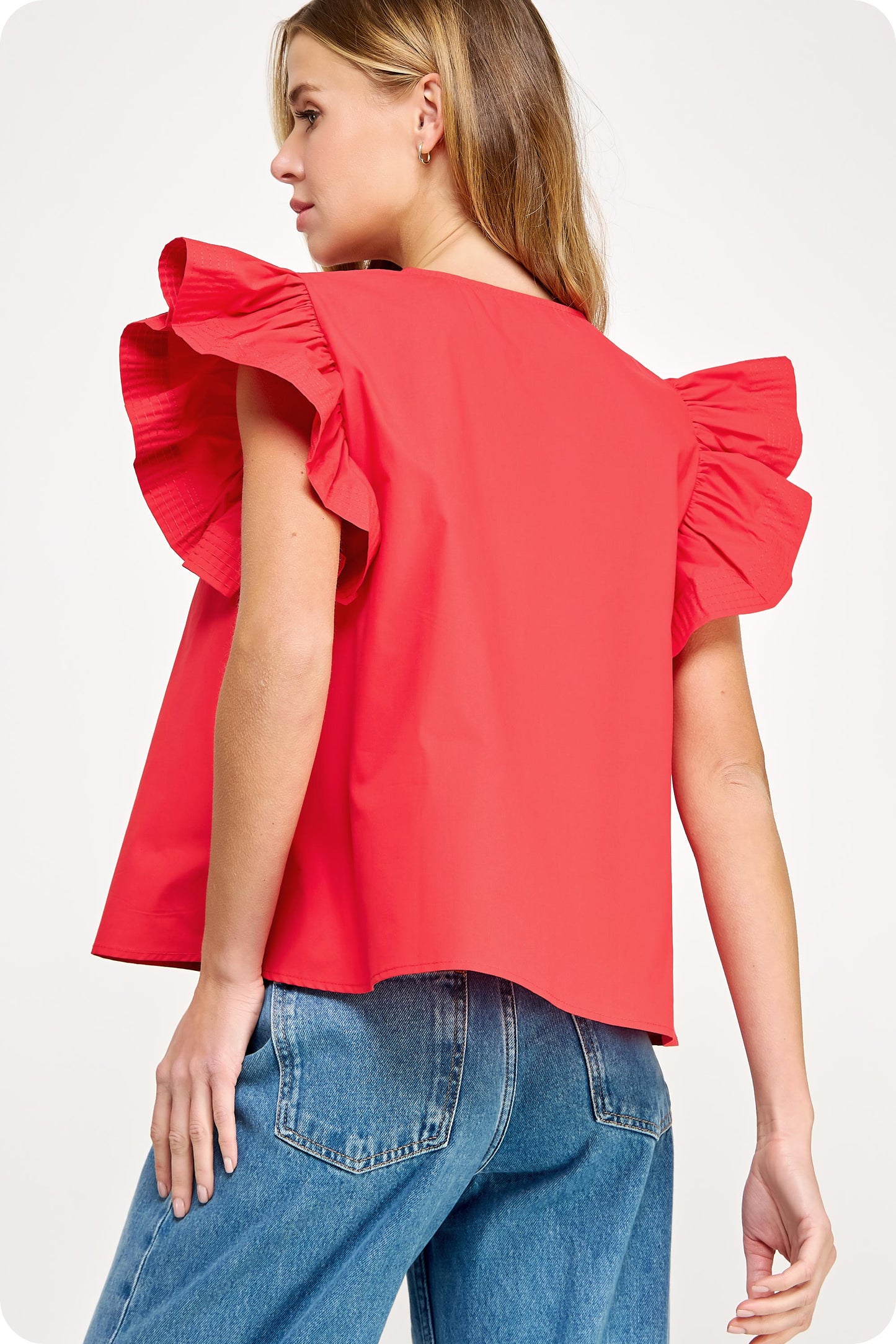 Flutter Ruffle Sleeve Poplin Top - Red