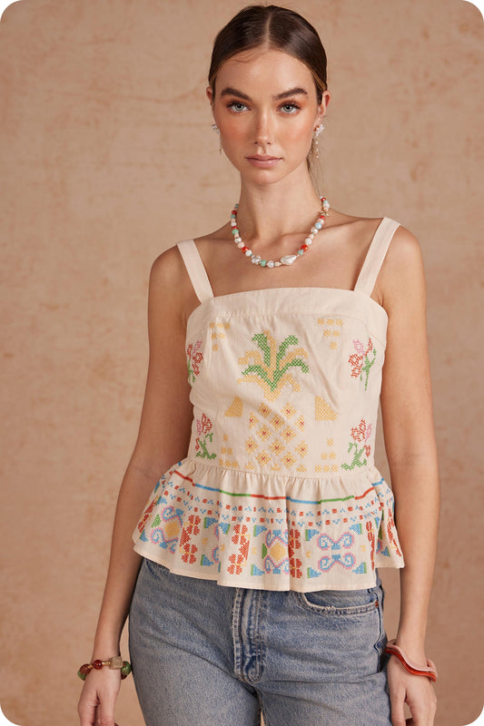 Cross Stitch Embroidery Sleeveless Top - Ecru