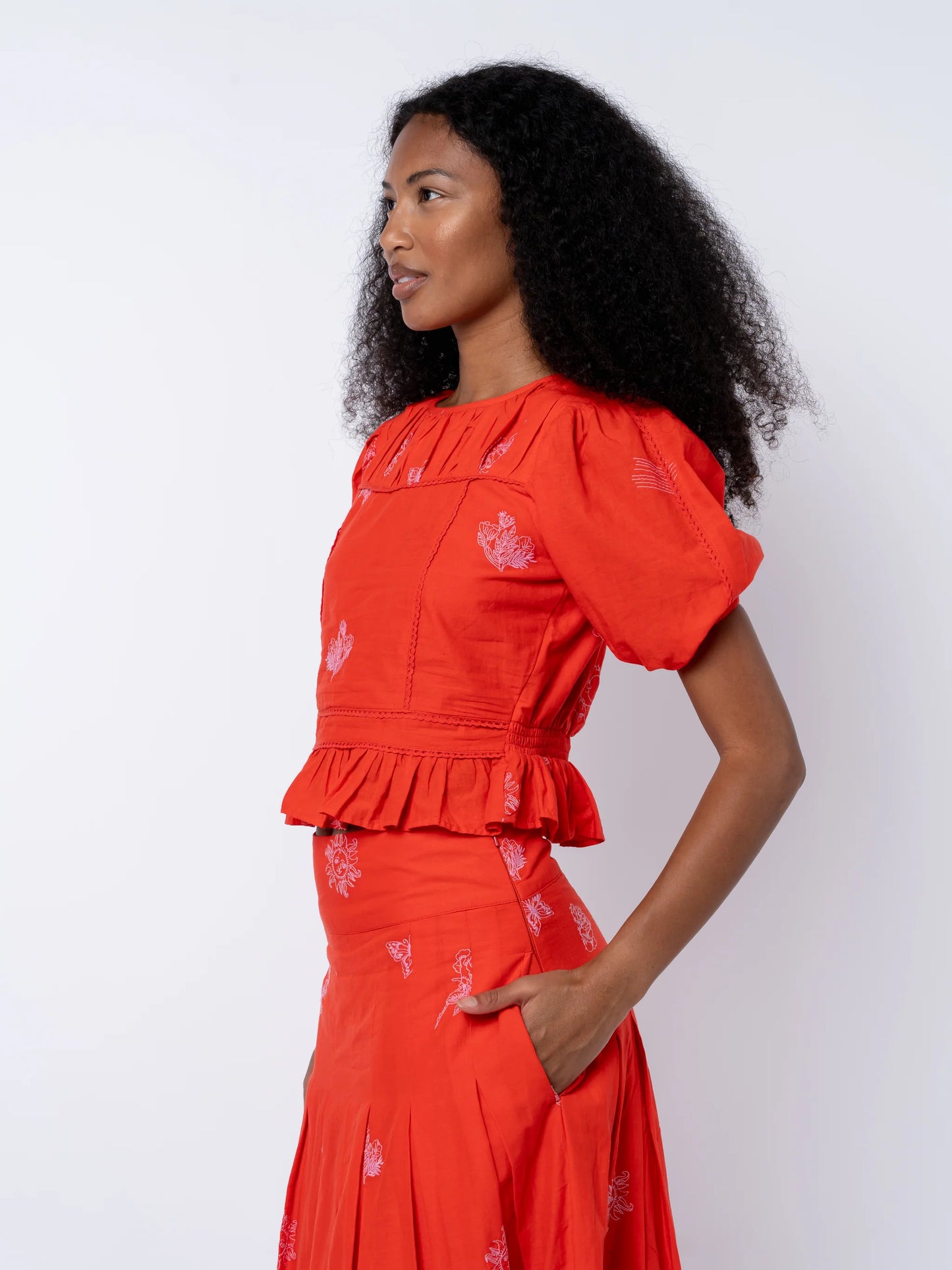 Allisa Embroidered Shirred Crop Peplum Top - Red/Pink