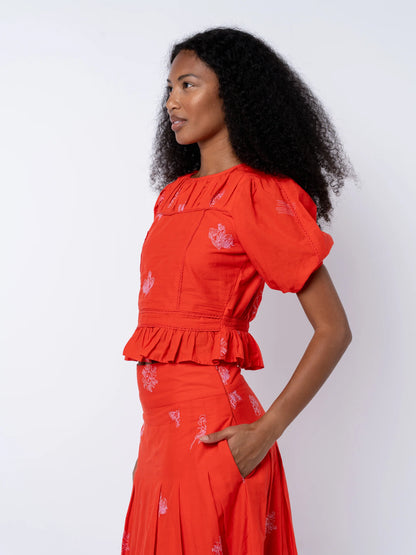 Allisa Embroidered Shirred Crop Peplum Top - Red/Pink