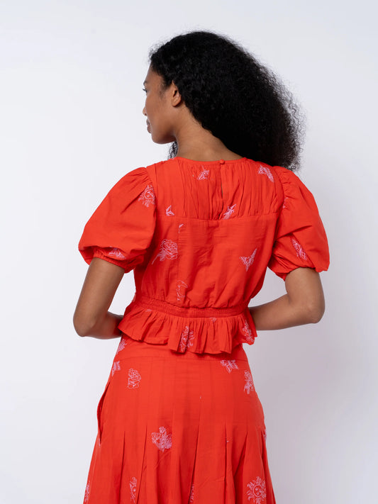 Allisa Embroidered Shirred Crop Peplum Top - Red/Pink