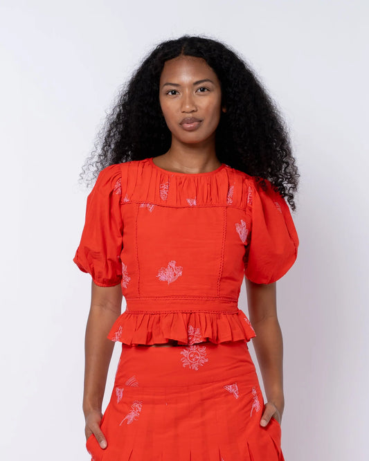Allisa Embroidered Shirred Crop Peplum Top - Red/Pink