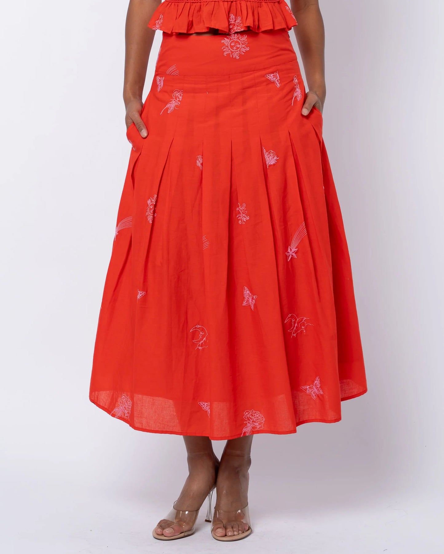 Rezza Embroidered Pleated Midi Skirt - Red/Pink