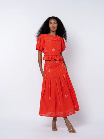 Rezza Embroidered Pleated Midi Skirt - Red/Pink