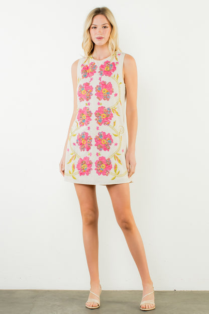 Sleeveless Floral Pattern Dress - Cream