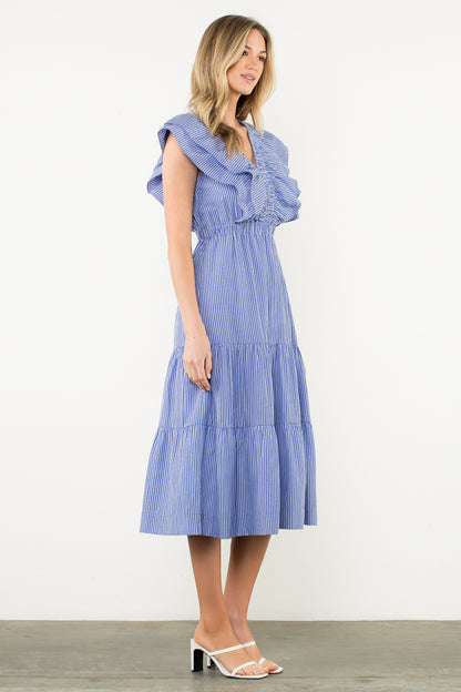 Striped Flutter Tiered Maxi Dress - Blue
