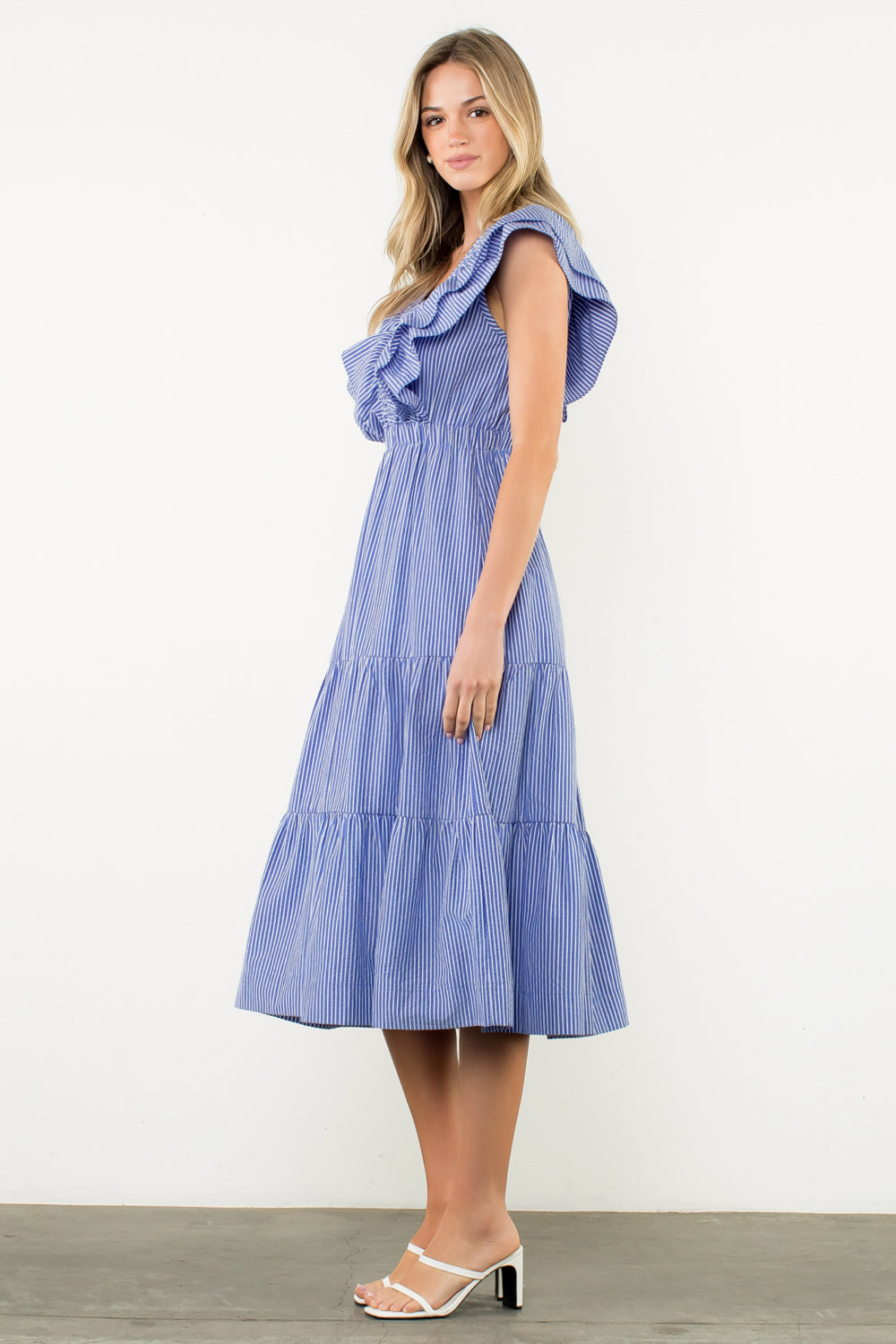 Striped Flutter Tiered Maxi Dress - Blue