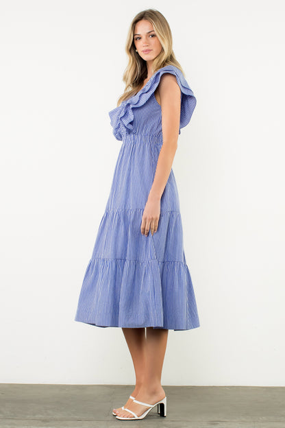 Striped Flutter Tiered Maxi Dress - Blue