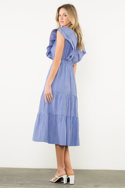 Striped Flutter Tiered Maxi Dress - Blue