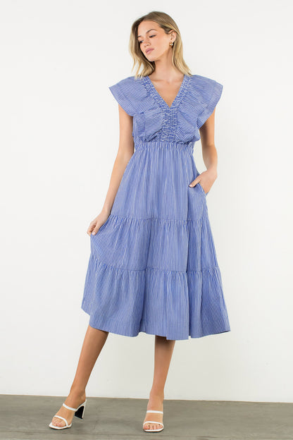 Striped Flutter Tiered Maxi Dress - Blue