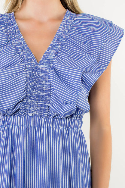 Striped Flutter Tiered Maxi Dress - Blue