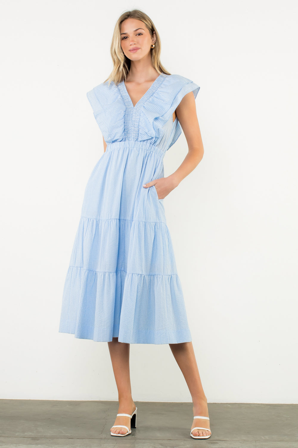 Striped Flutter Tiered Maxi Dress - Light Blue