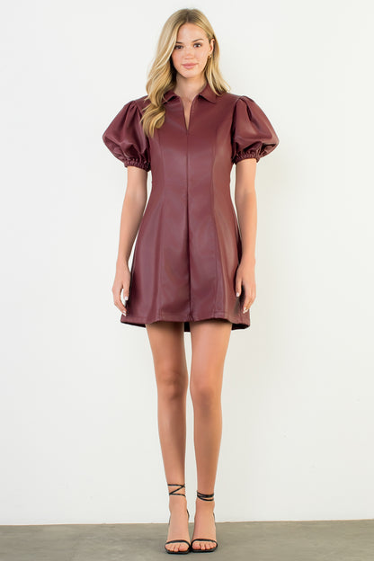 Puff Sleeve Leather Dress - Burgundy