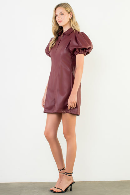 Puff Sleeve Leather Dress - Burgundy