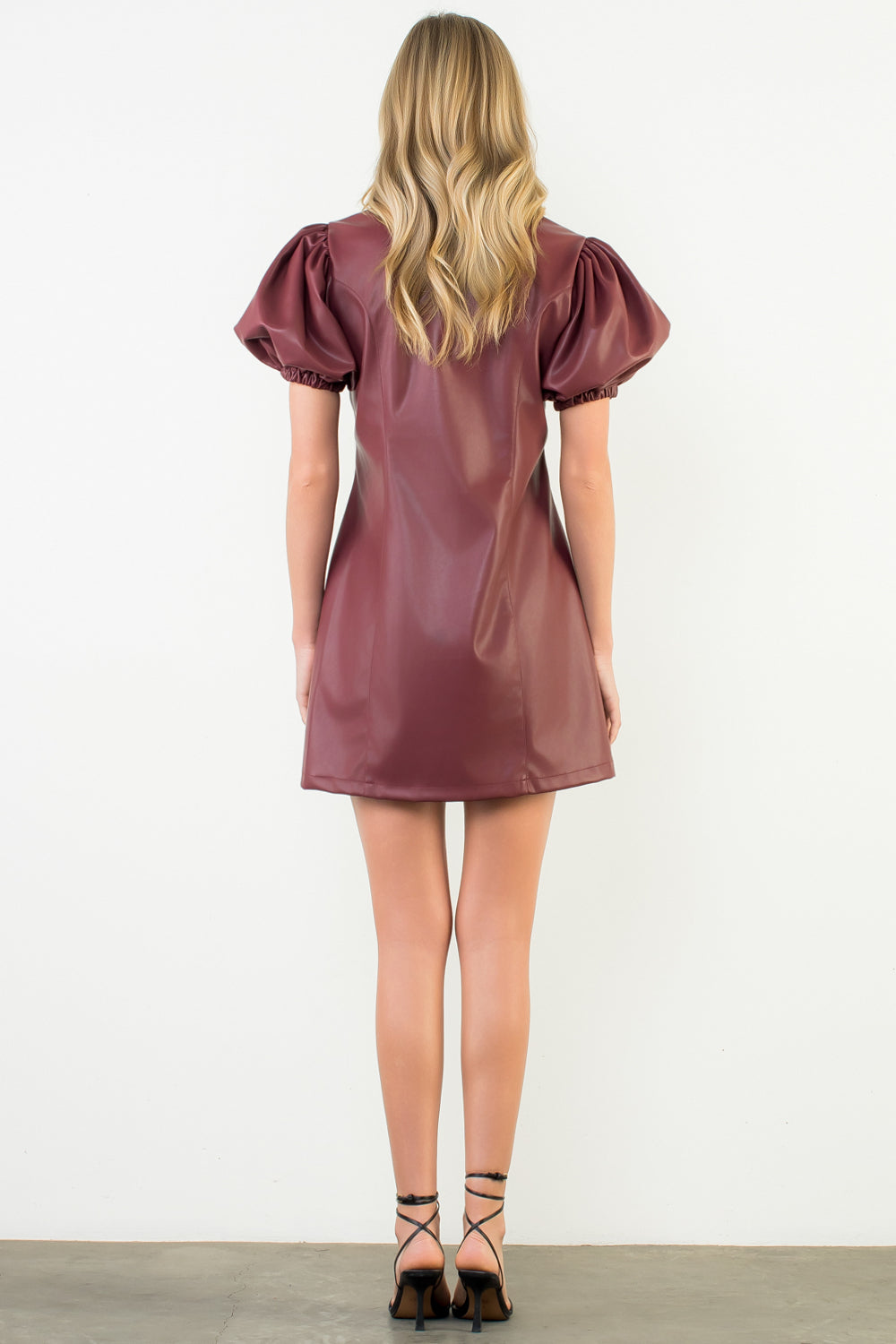Puff Sleeve Leather Dress - Burgundy