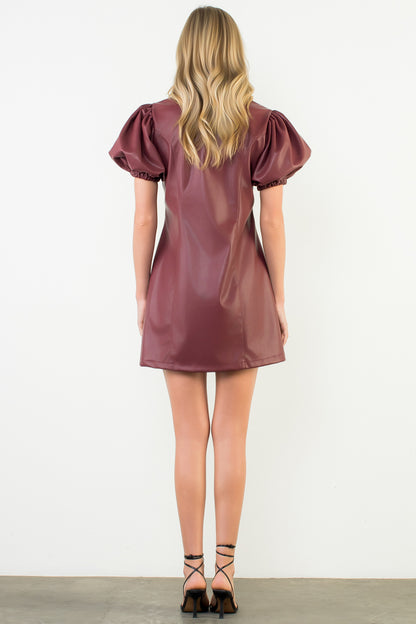 Puff Sleeve Leather Dress - Burgundy