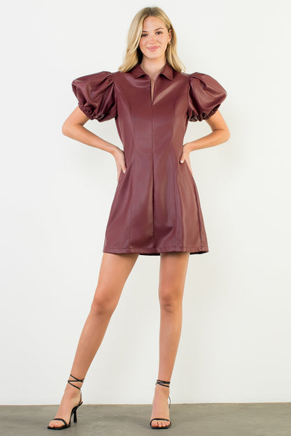 Puff Sleeve Leather Dress - Burgundy