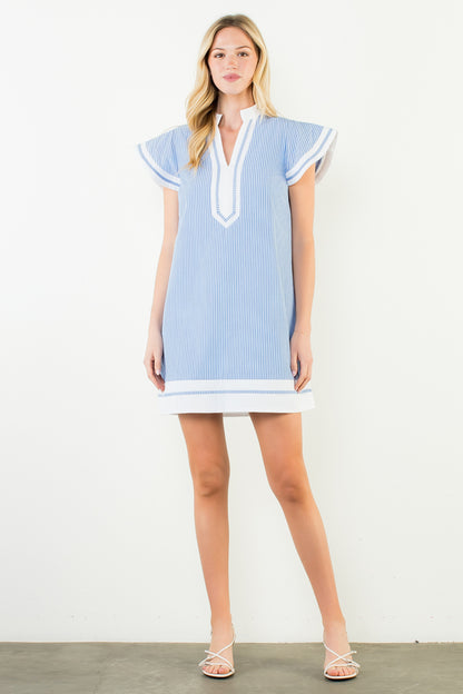 Flutter Sleeve Striped V-Neck Dress - Blue
