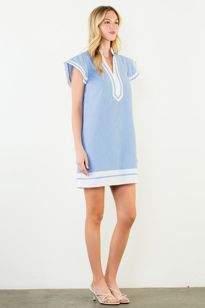 Flutter Sleeve Striped V-Neck Dress - Blue