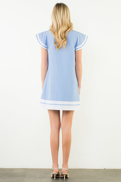 Flutter Sleeve Striped V-Neck Dress - Blue