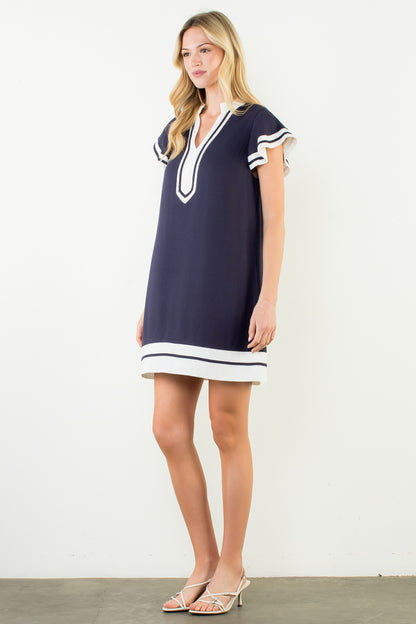 Flutter Sleeve V-Neck Dress - Navy