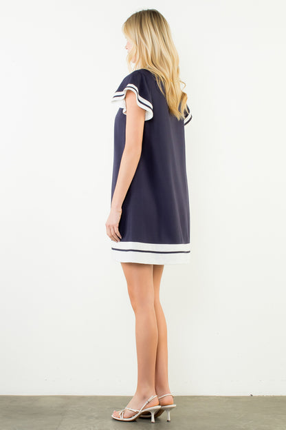 Flutter Sleeve V-Neck Dress - Navy