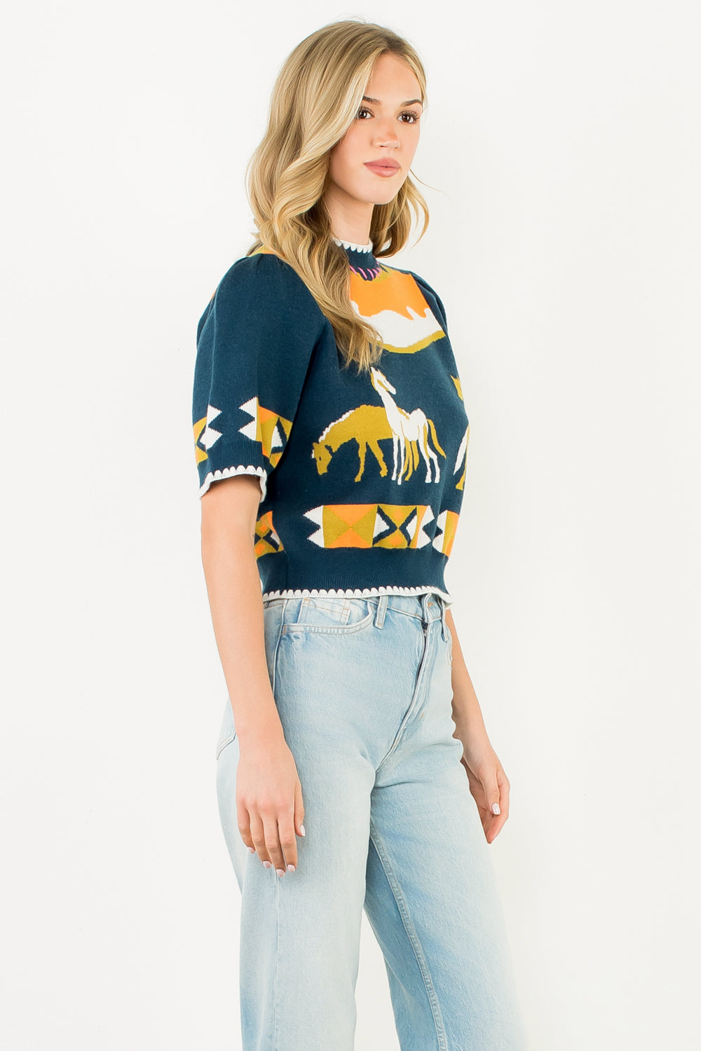 Short Sleeve Horse Detail Top - Navy
