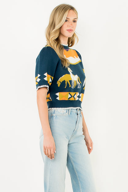 Short Sleeve Horse Detail Top - Navy