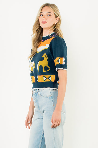 Short Sleeve Horse Detail Top - Navy