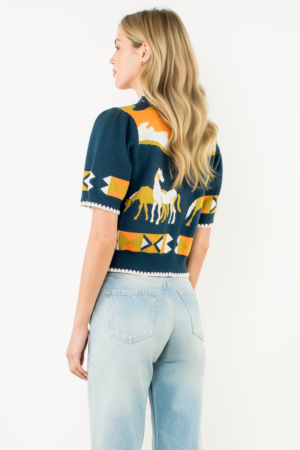 Short Sleeve Horse Detail Top - Navy