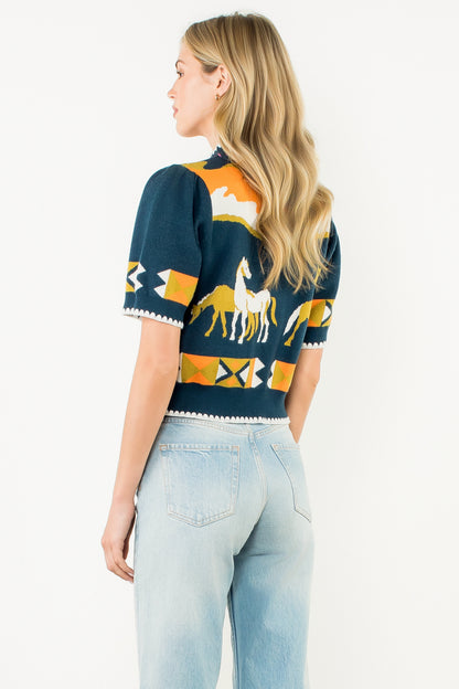 Short Sleeve Horse Detail Top - Navy