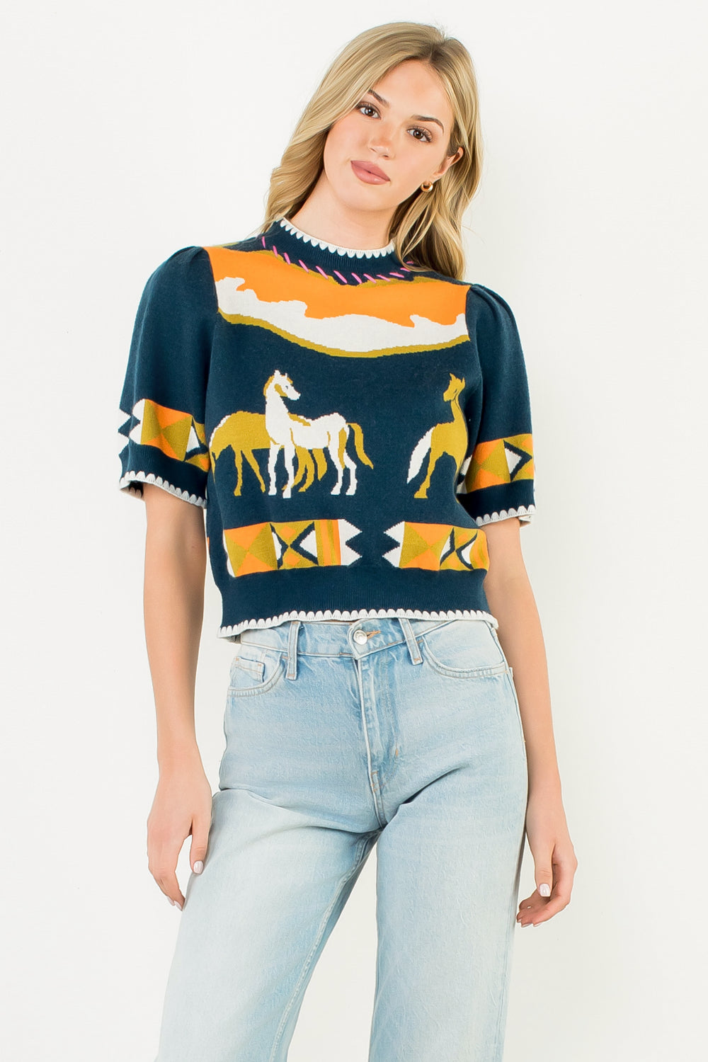 Short Sleeve Horse Detail Top - Navy