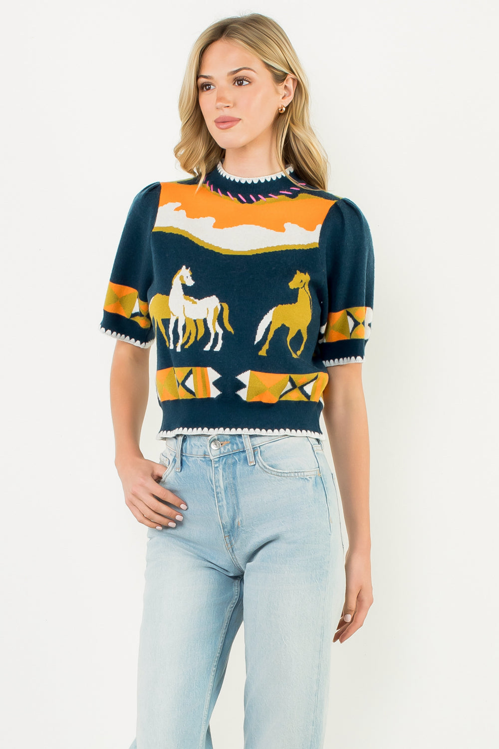 Short Sleeve Horse Detail Top - Navy