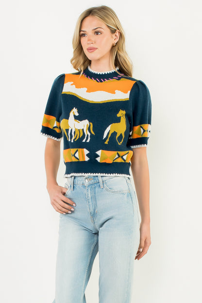 Short Sleeve Horse Detail Top - Navy