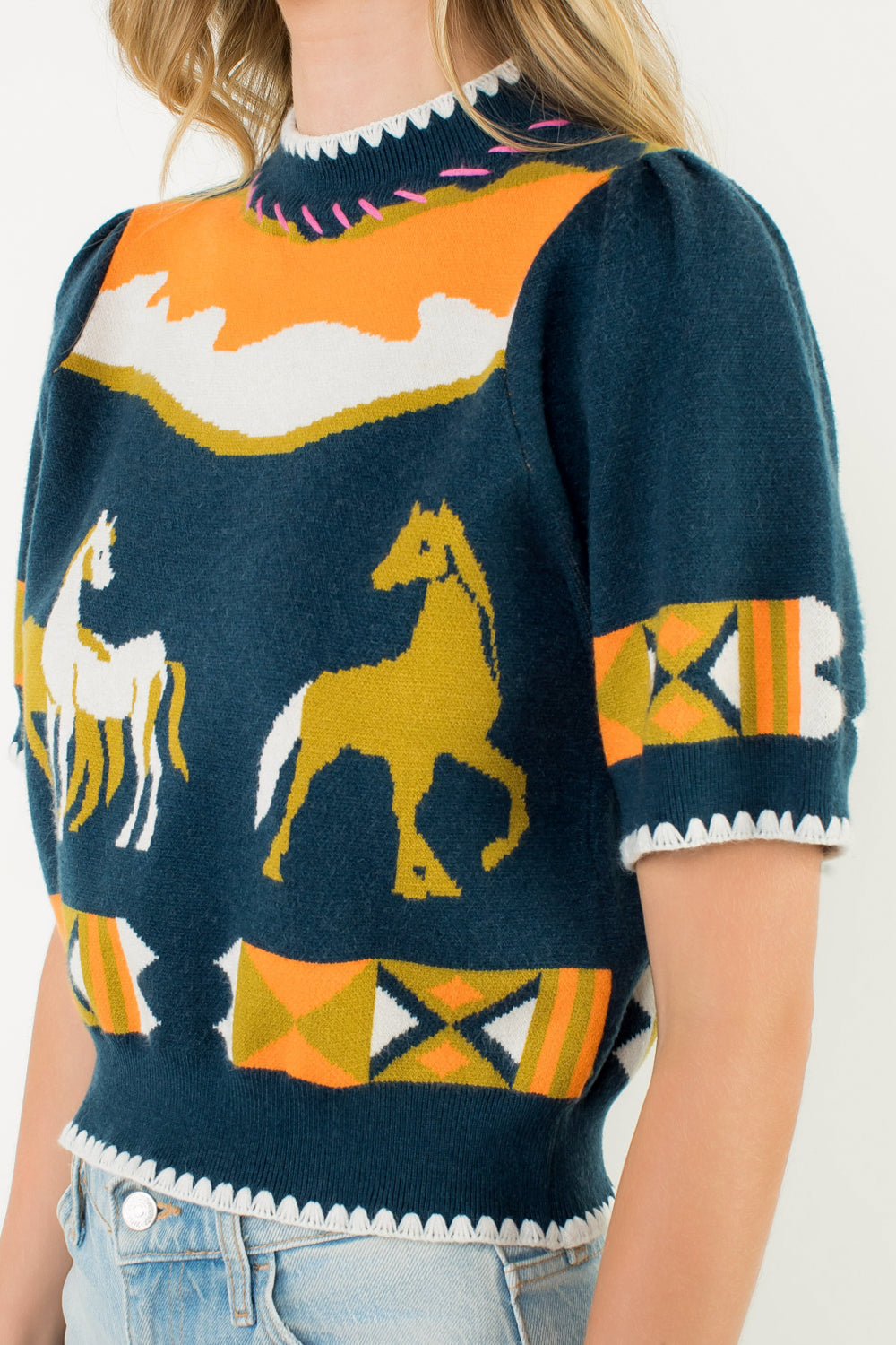 Short Sleeve Horse Detail Top - Navy