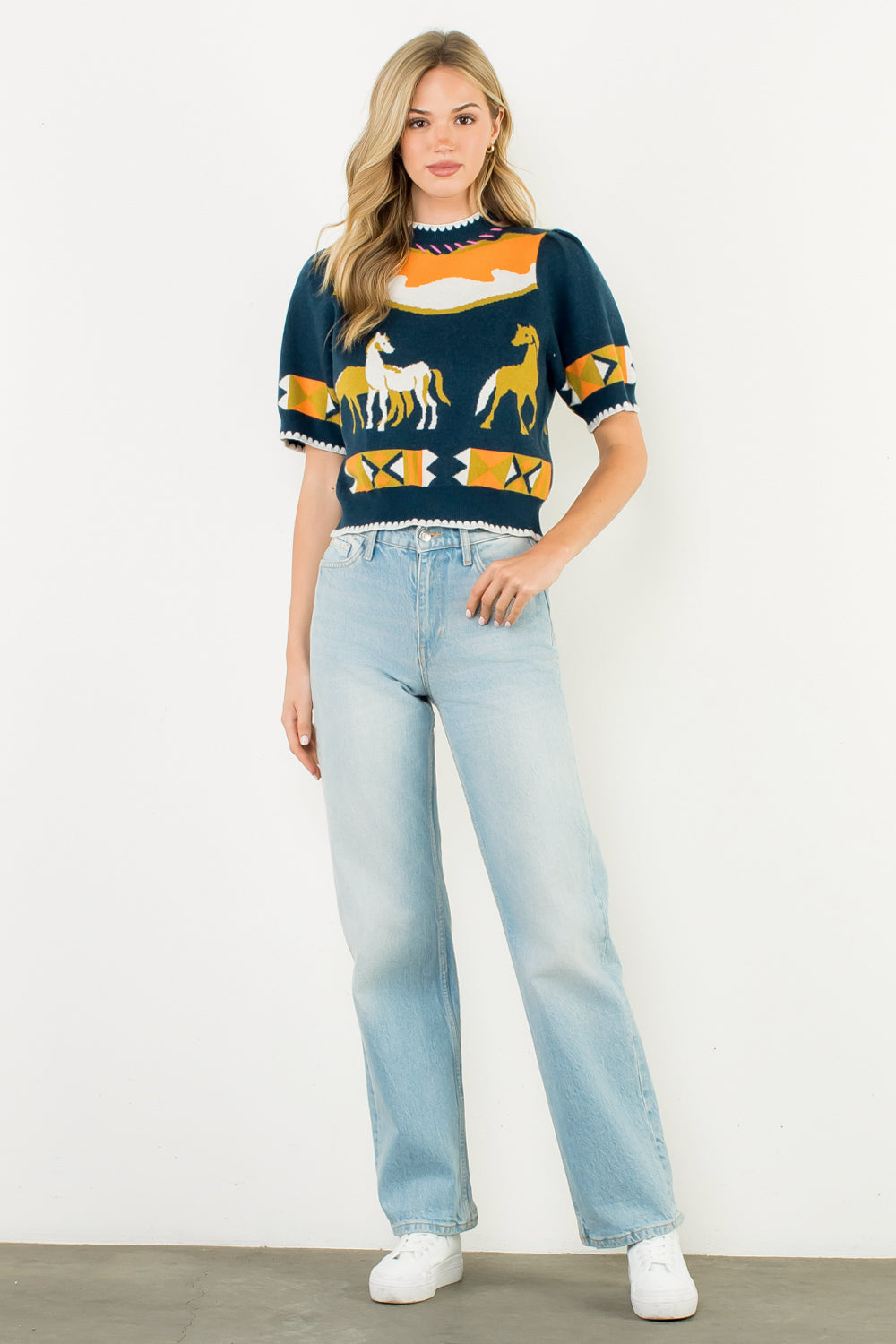 Short Sleeve Horse Detail Top - Navy