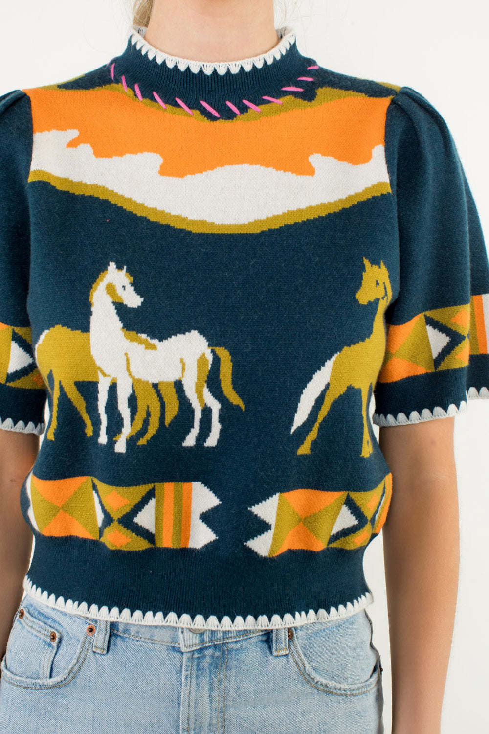 Short Sleeve Horse Detail Top - Navy